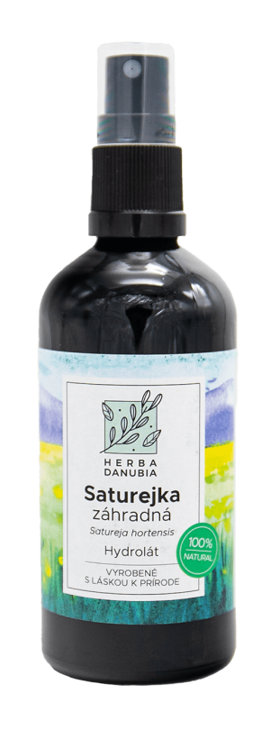 čierna sklenená fľaša so sprejovým aplikátorom - bylinný hydrolát Saturejka záhradná