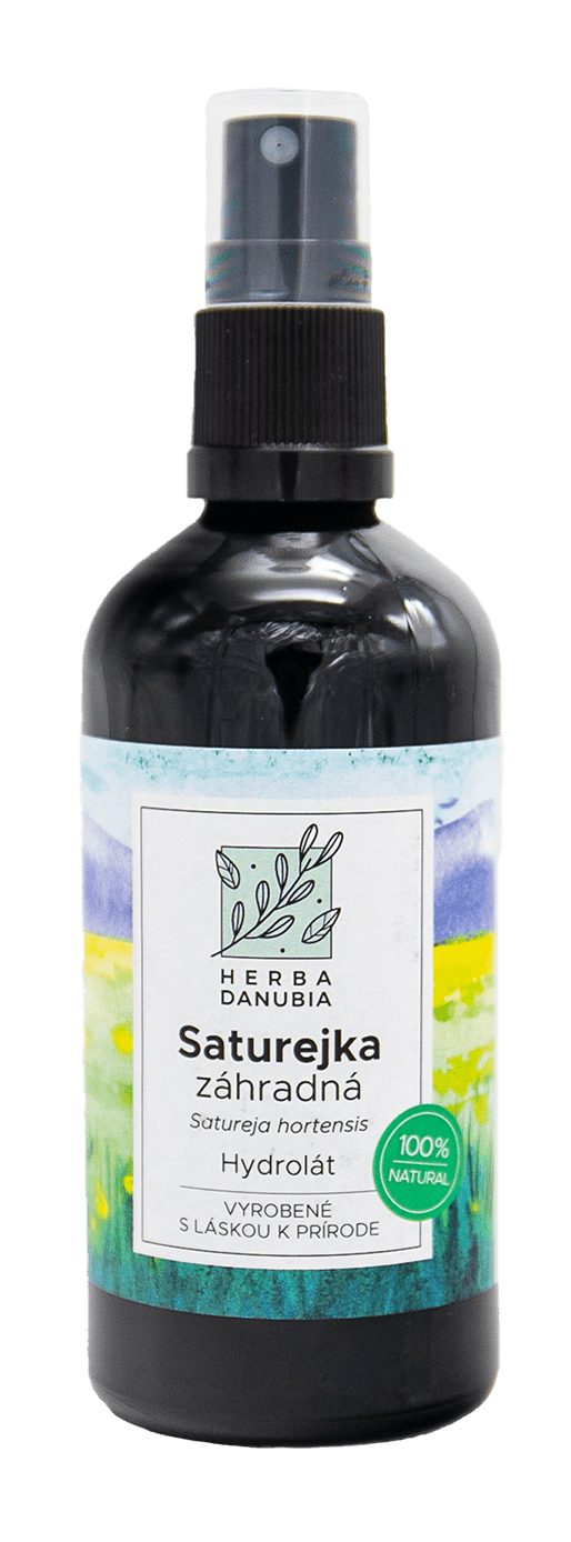 čierna sklenená fľaša so sprejovým aplikátorom - bylinný hydrolát Saturejka záhradná