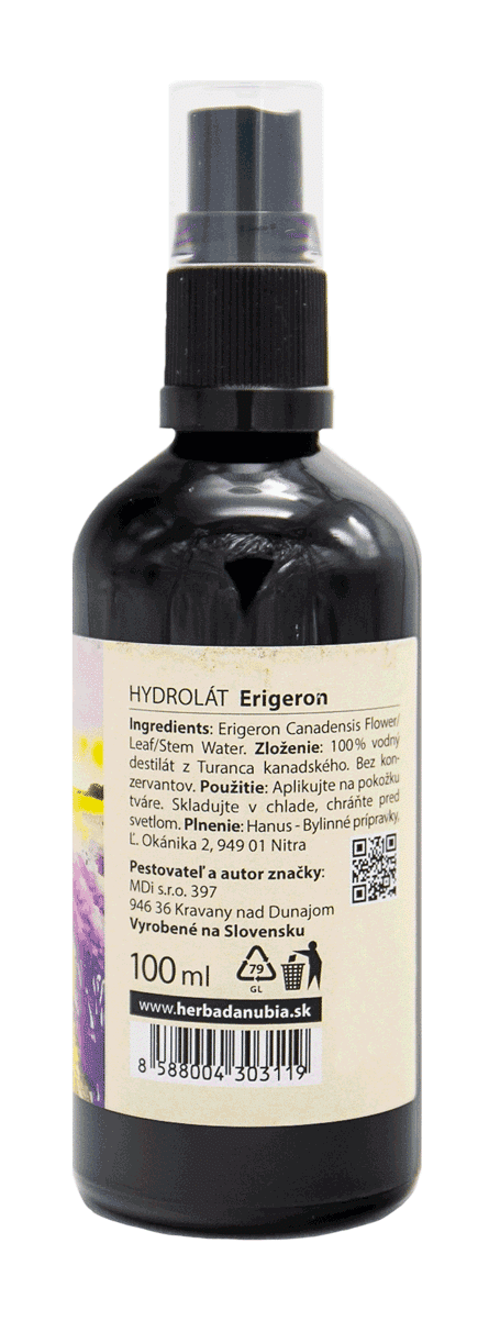Erigeron bylinný hydrolát 100 ml sklenená fľaštička s rozpršovačom pohľad zozadu - etiketa.